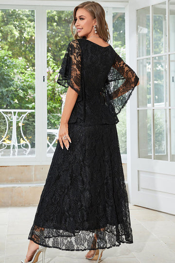 Black Batwing Sleeves Lace Wedding Guest Dress